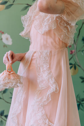 1930s French silk chiffon chantilly lace gown