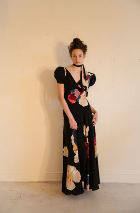 1930s bias silk puff sleeve gown