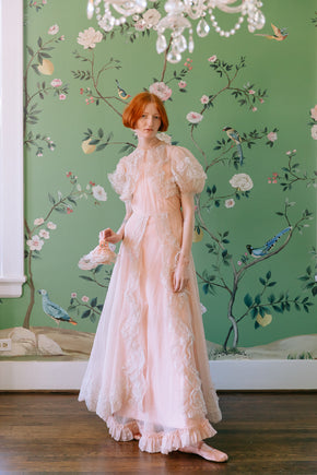 1930s French silk chiffon chantilly lace gown