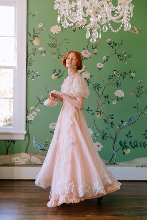 1930s French silk chiffon chantilly lace gown