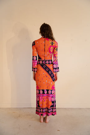 Early 1970s printed silk Jersey Leonard of Paris maxi dress