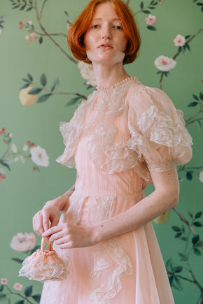1930s French silk chiffon chantilly lace gown