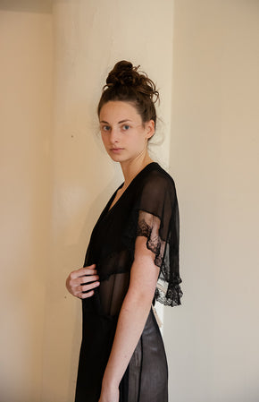 1930s silk chiffon lace trimmed robe