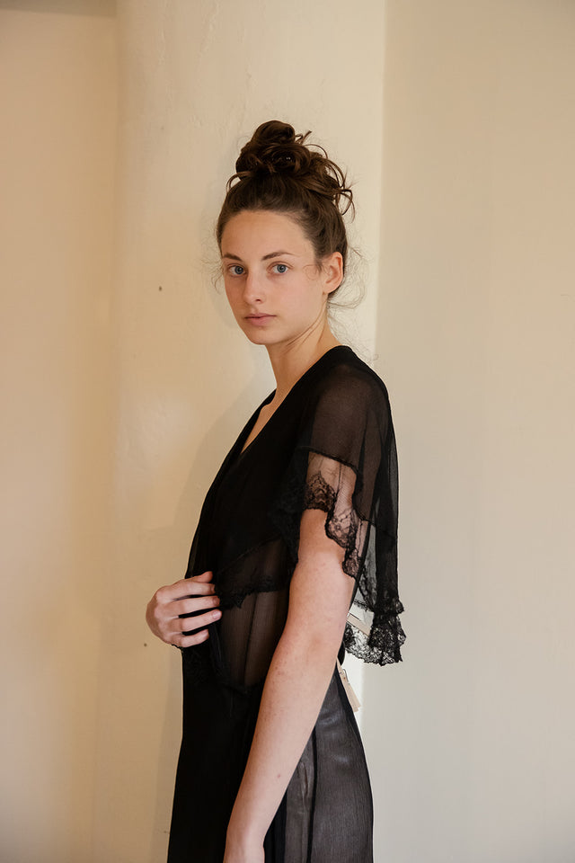 1930s silk chiffon lace trimmed robe