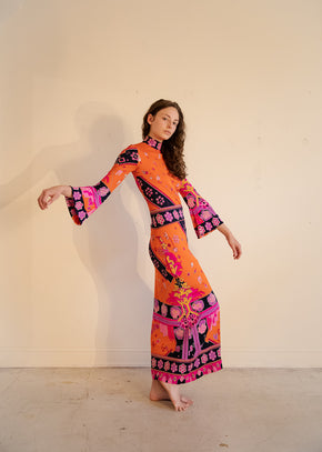 Early 1970s printed silk Jersey Leonard of Paris maxi dress