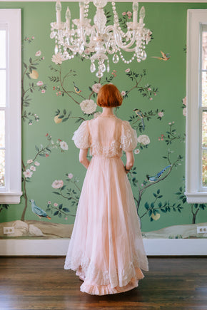 1930s French silk chiffon chantilly lace gown