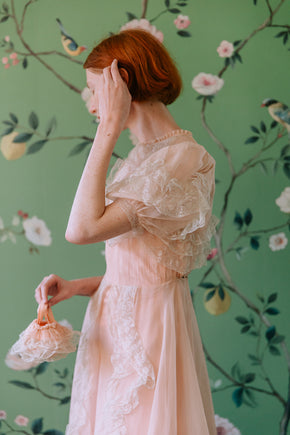 1930s French silk chiffon chantilly lace gown