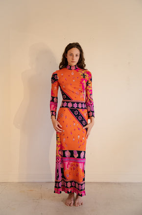 Early 1970s printed silk Jersey Leonard of Paris maxi dress