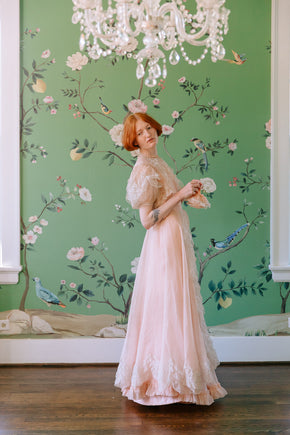 1930s French silk chiffon chantilly lace gown