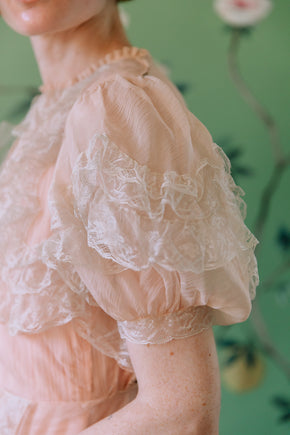 1930s French silk chiffon chantilly lace gown