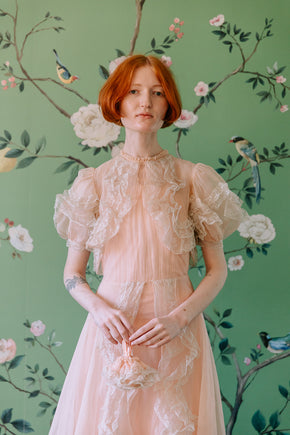 1930s French silk chiffon chantilly lace gown