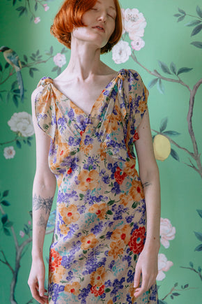 1930s printed silk evening ensemble