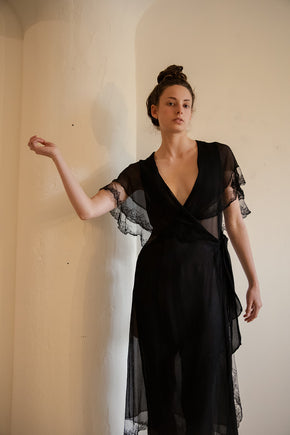 1930s silk chiffon lace trimmed robe