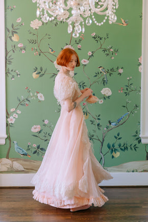 1930s French silk chiffon chantilly lace gown