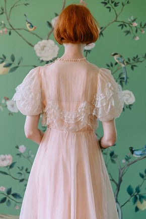 1930s French silk chiffon chantilly lace gown