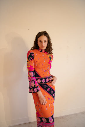Early 1970s printed silk Jersey Leonard of Paris maxi dress