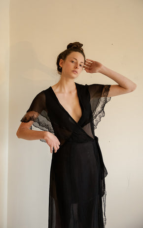 1930s silk chiffon lace trimmed robe
