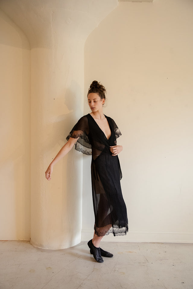 1930s silk chiffon lace trimmed robe