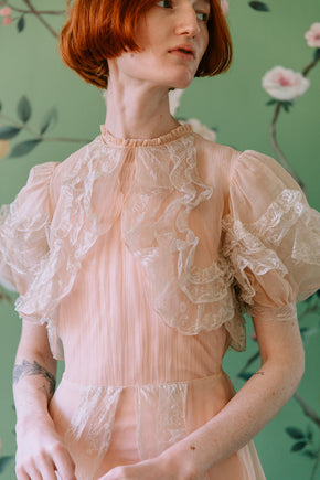 1930s French silk chiffon chantilly lace gown