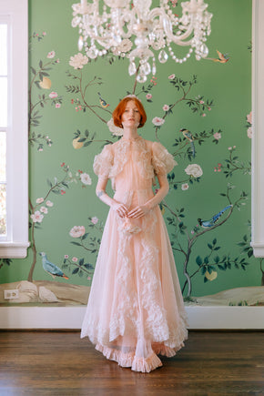 1930s French silk chiffon chantilly lace gown
