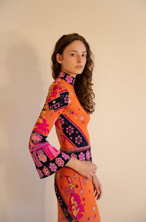 Early 1970s printed silk Jersey Leonard of Paris maxi dress