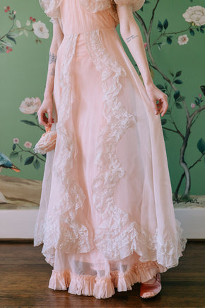 1930s French silk chiffon chantilly lace gown