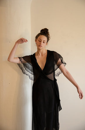 1930s silk chiffon lace trimmed robe