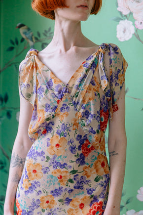 1930s printed silk evening ensemble