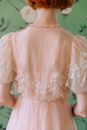 1930s French silk chiffon chantilly lace gown