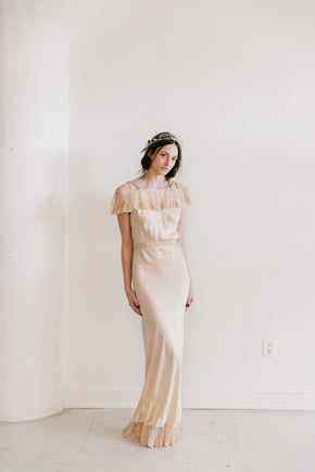 1930s golden silk braided strap + lace gown