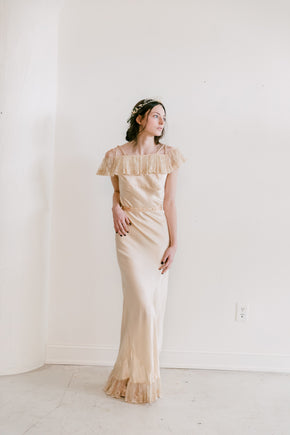 1930s golden silk braided strap + lace gown