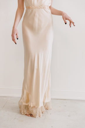 1930s golden silk braided strap + lace gown