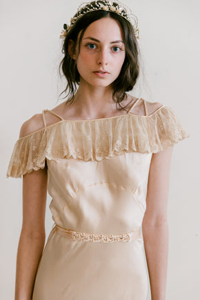 1930s golden silk braided strap + lace gown