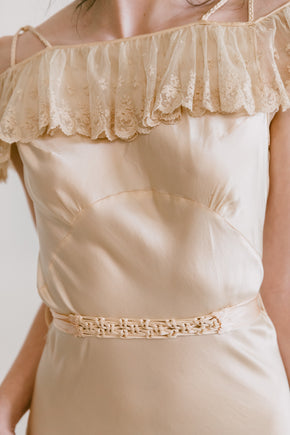 1930s golden silk braided strap + lace gown
