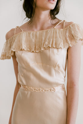 1930s golden silk braided strap + lace gown
