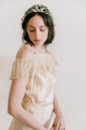 1930s golden silk braided strap + lace gown