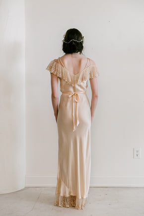 1930s golden silk braided strap + lace gown