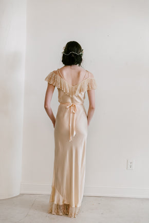 1930s golden silk braided strap + lace gown