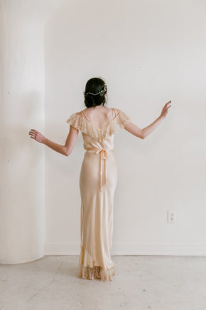 1930s golden silk braided strap + lace gown