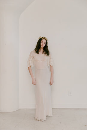 1930s french bias couture crepe chiffon lace gown