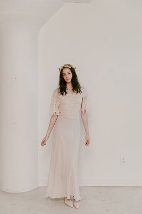 1930s french bias couture crepe chiffon lace gown