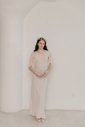 1930s french bias couture crepe chiffon lace gown