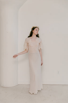 1930s french bias couture crepe chiffon lace gown