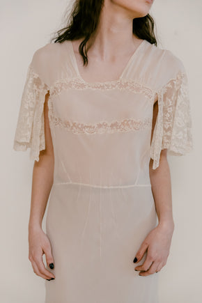 1930s french bias couture crepe chiffon lace gown