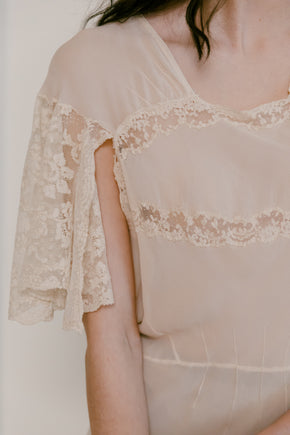 1930s french bias couture crepe chiffon lace gown