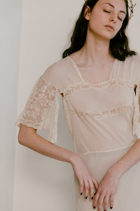 1930s french bias couture crepe chiffon lace gown