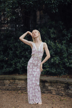 1930s lavender crepe chiffon leaf pattern nightgown