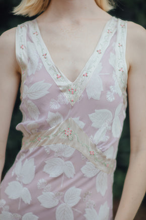 1930s lavender crepe chiffon leaf pattern nightgown