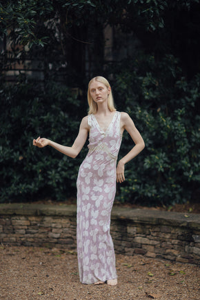 1930s lavender crepe chiffon leaf pattern nightgown