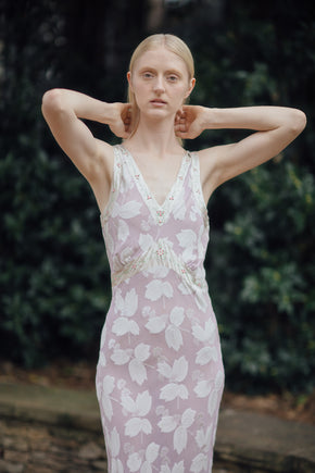 1930s lavender crepe chiffon leaf pattern nightgown